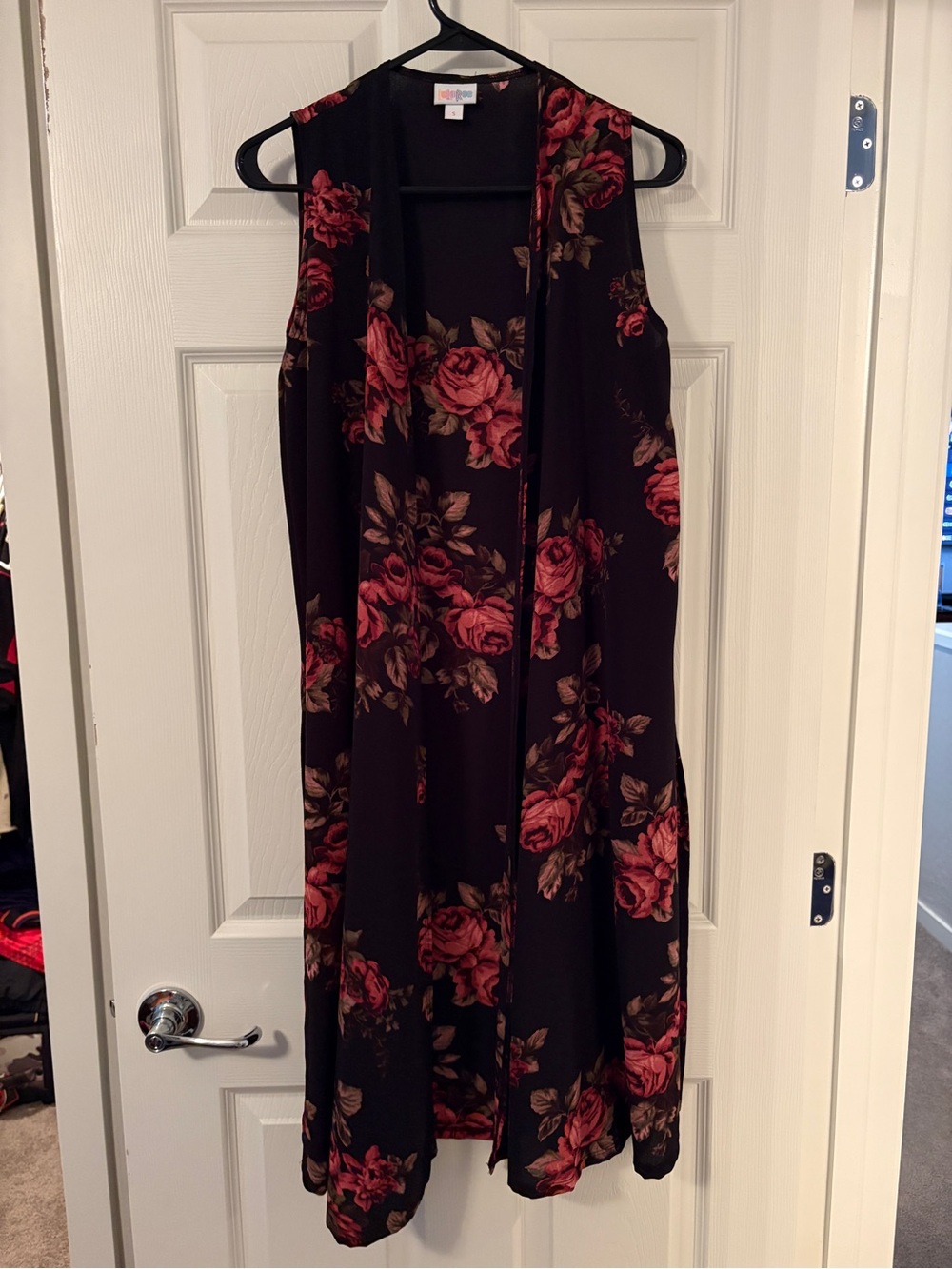 LuLaRoe Black Floral Open Front Duster with Pink Roses